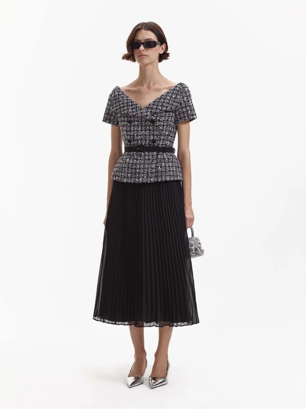 Self-Portrait Black Bouclé and Chiffon Midi Dress